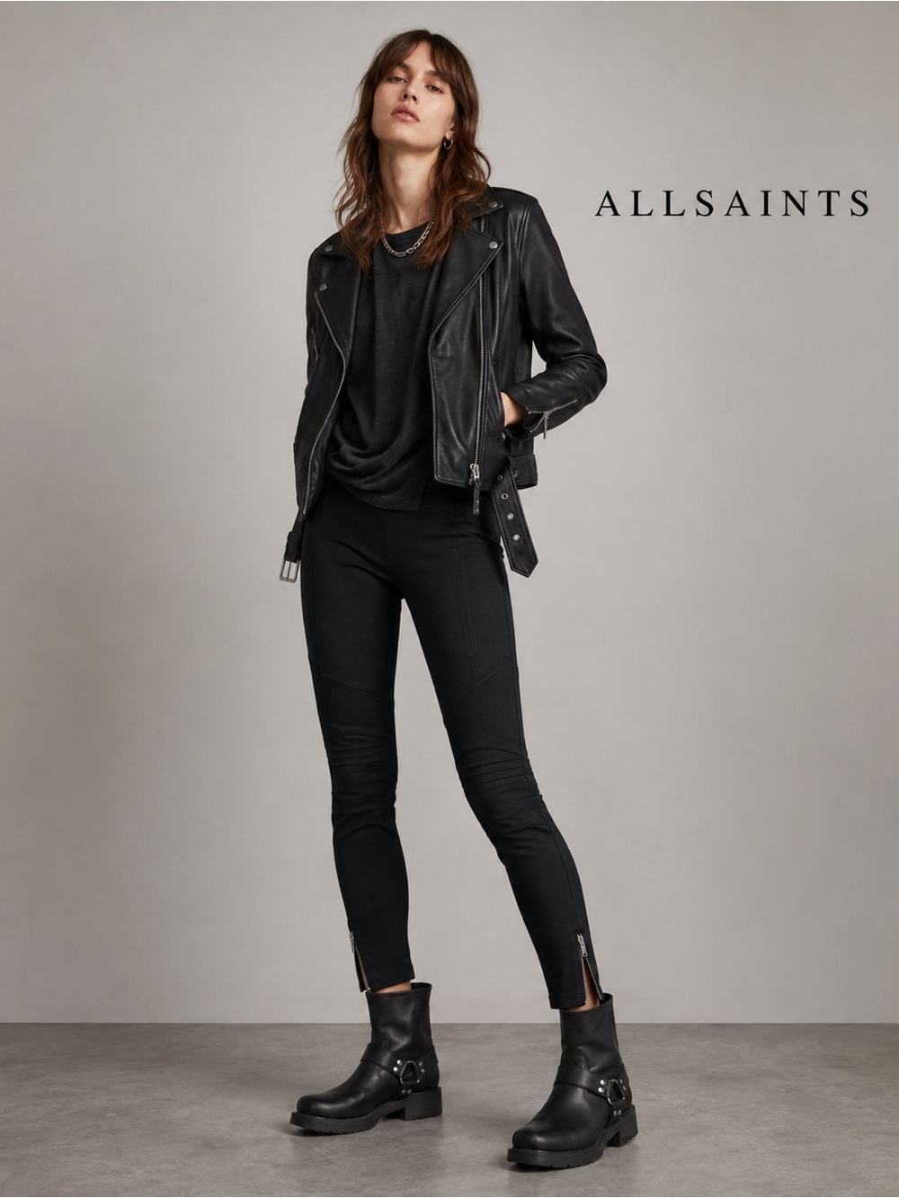 ALLSAINTS Tyne Moto Leggings Black Ribbed Zip Ankle Stretch Pants L